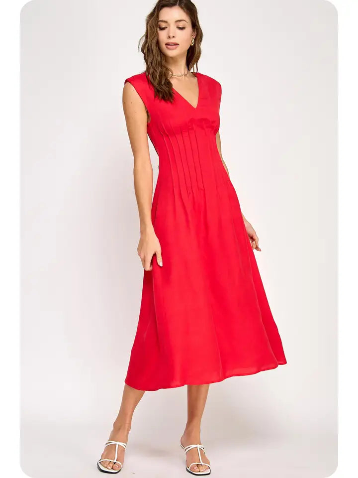 Pintuck Corset Midi Dress (red)