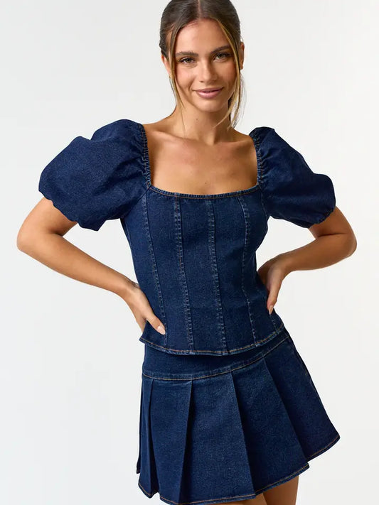 Denim Puff Sleeve Corset Top