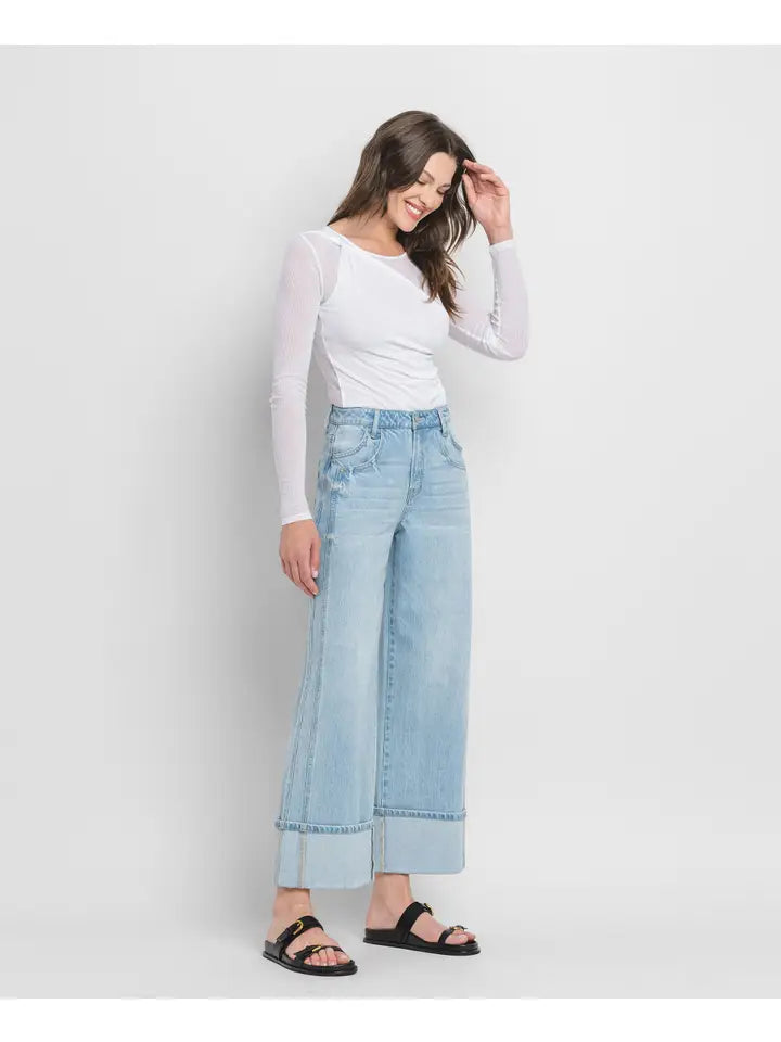 BEST SELLER High Rise Cuffed Baggy Wide Leg Jeans (light)