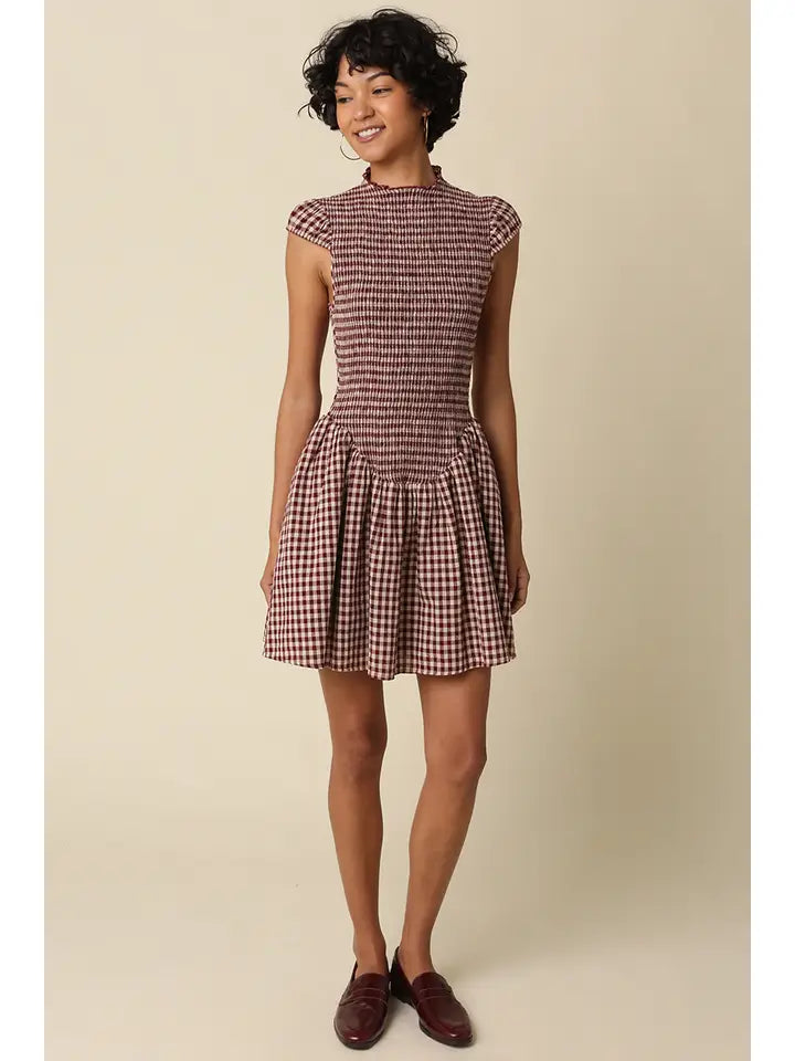Jain Gingham Mini Dress (maroon) - GEORGE-MARY'S