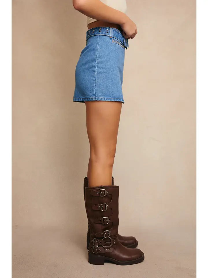 Belted Low Rise Denim Skirt