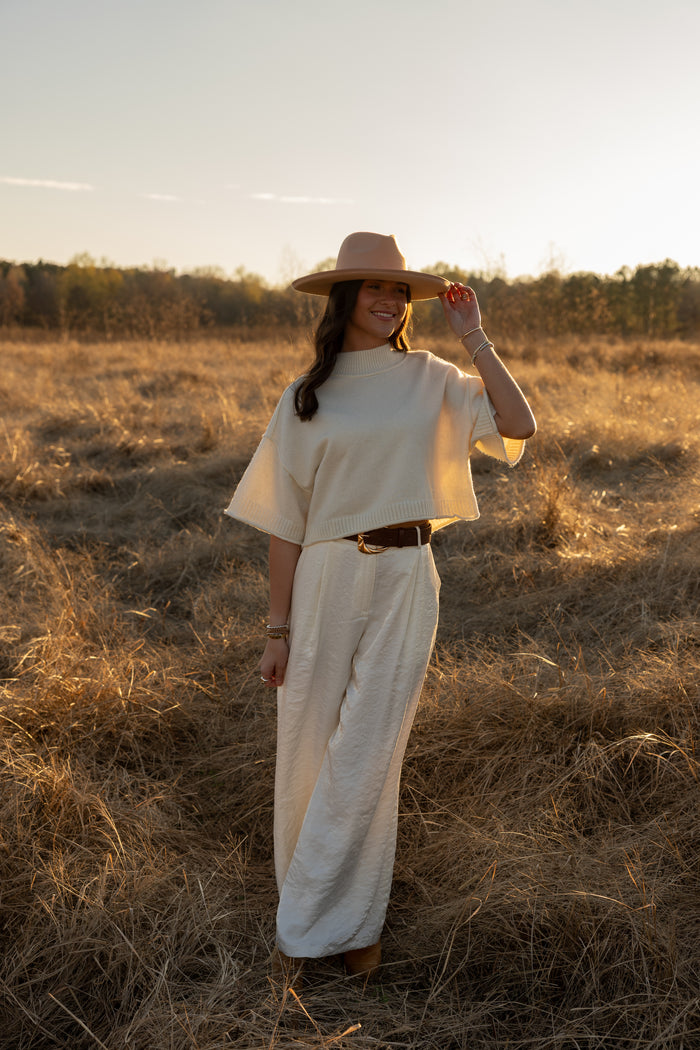 Satin Belted Wide Leg pants (ivory)