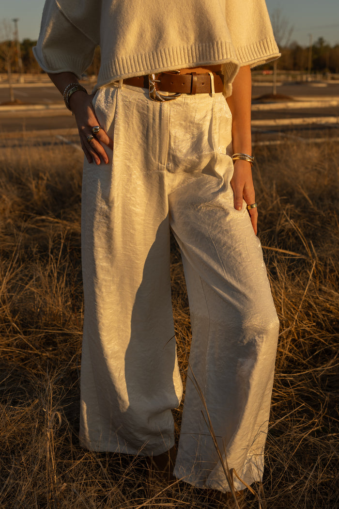 Satin Belted Wide Leg pants (ivory)