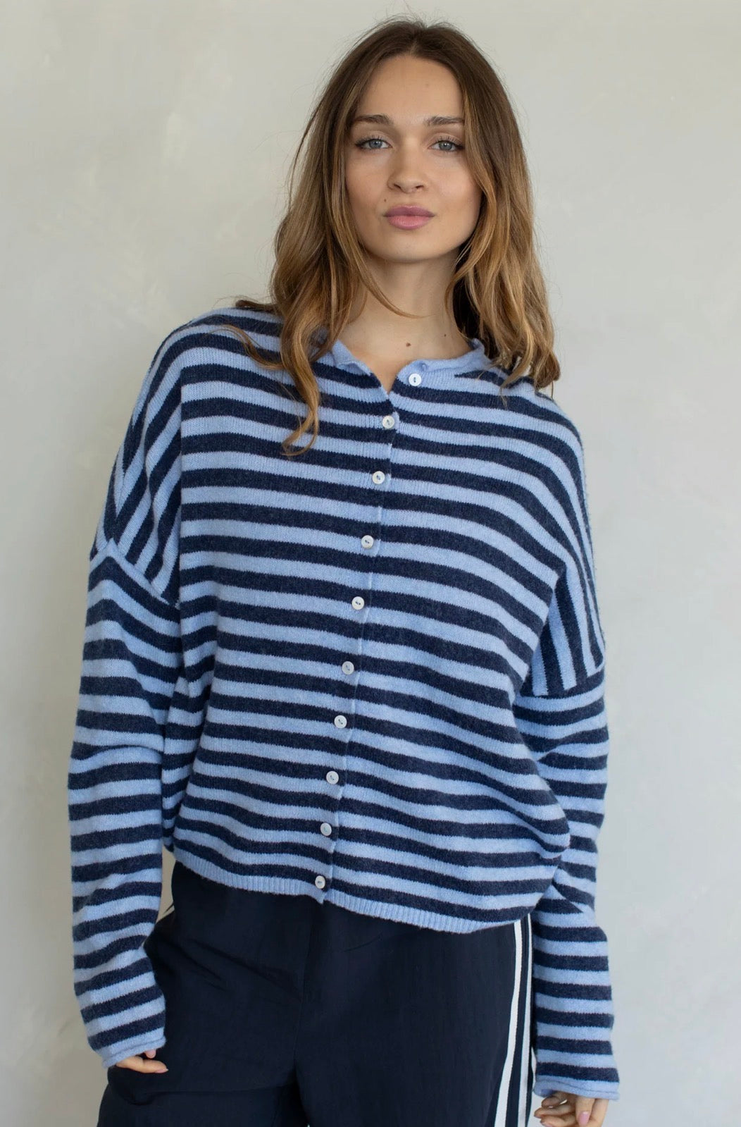 Piper Cardigan (dusty dark blue stripe) - GEORGE-MARY'S