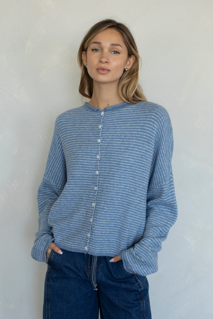 PREORDER The Piper Cardigan (dusty blue pinstripe)