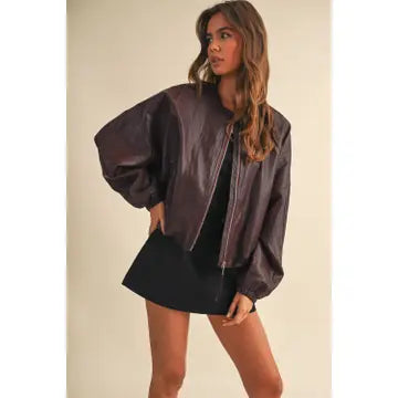 Faux Leather Bubble Hem Jacket (burgundy)