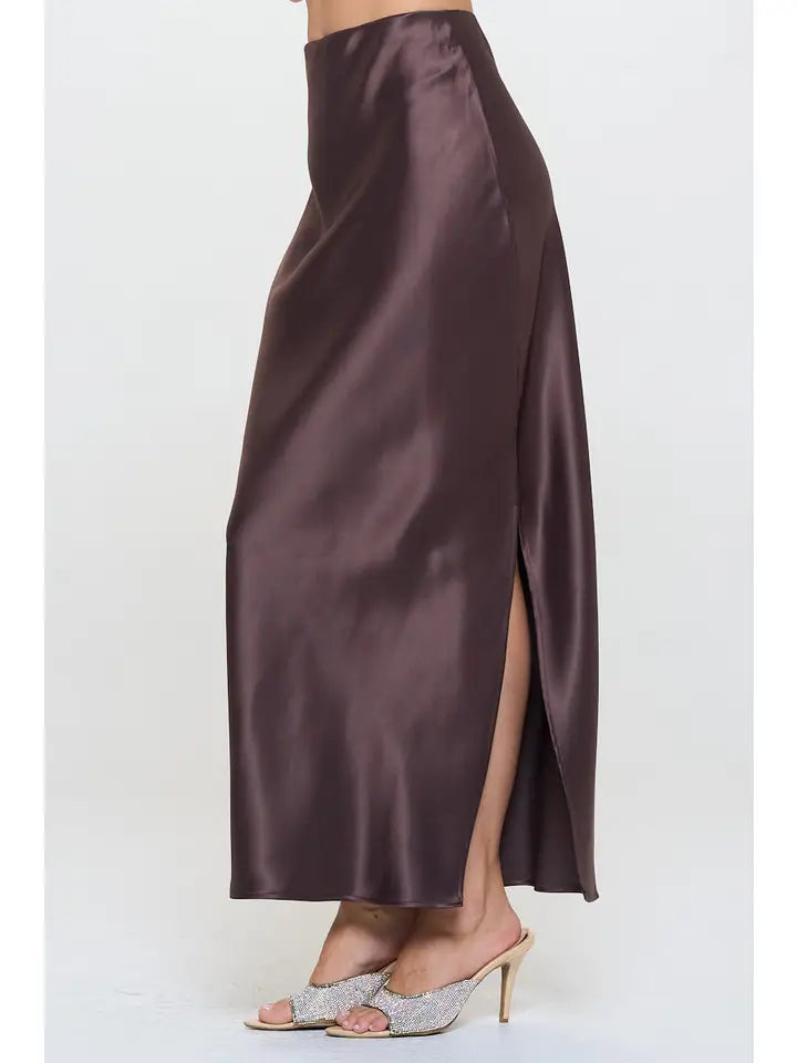 Satin Maxi Skirt with slit (cocoa brown) - GEORGE-MARY'S