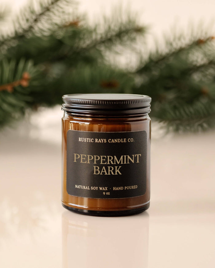 Peppermint Bark Soy Candle - Winter Candle - Amber Jar - 9oz - GEORGE-MARY'S