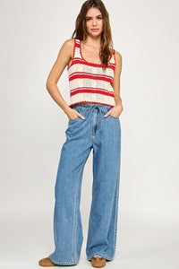 Red Striped Crochet Tank