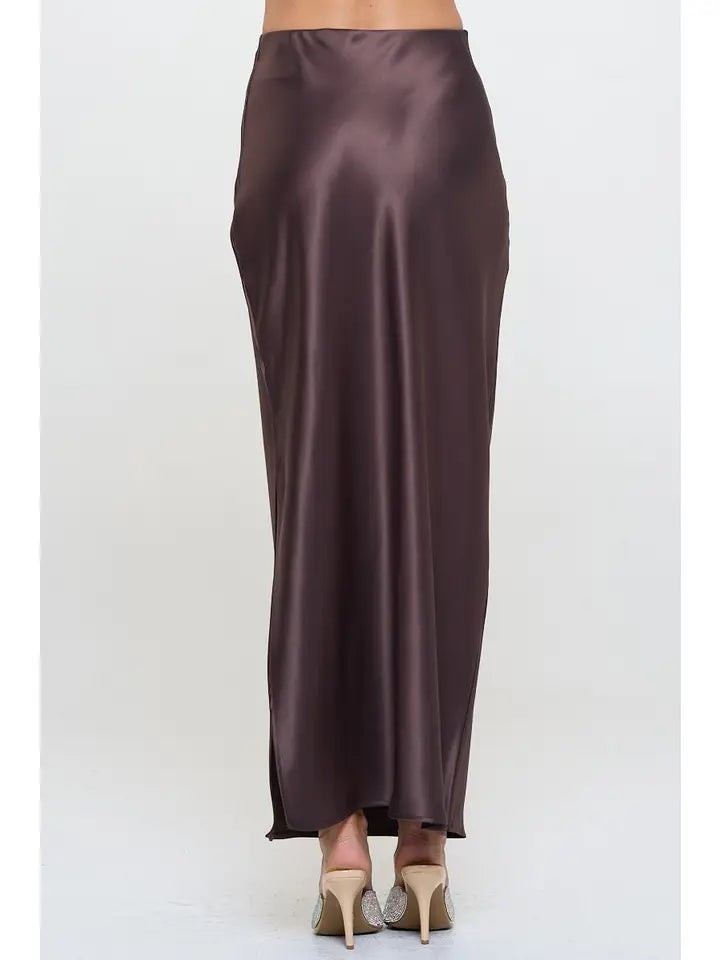 Satin Maxi Skirt with slit (cocoa brown) - GEORGE-MARY'S
