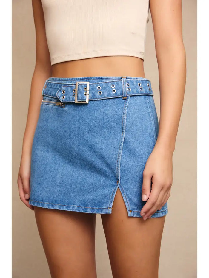 Belted Low Rise Denim Skirt