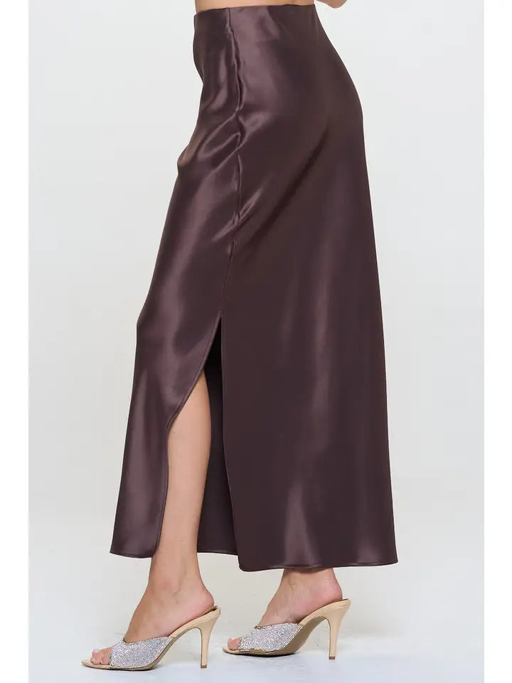 Satin Maxi Skirt with slit (cocoa brown) - GEORGE-MARY'S