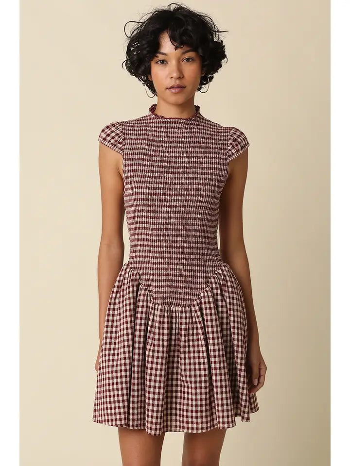 Jain Gingham Mini Dress (maroon) - GEORGE-MARY'S