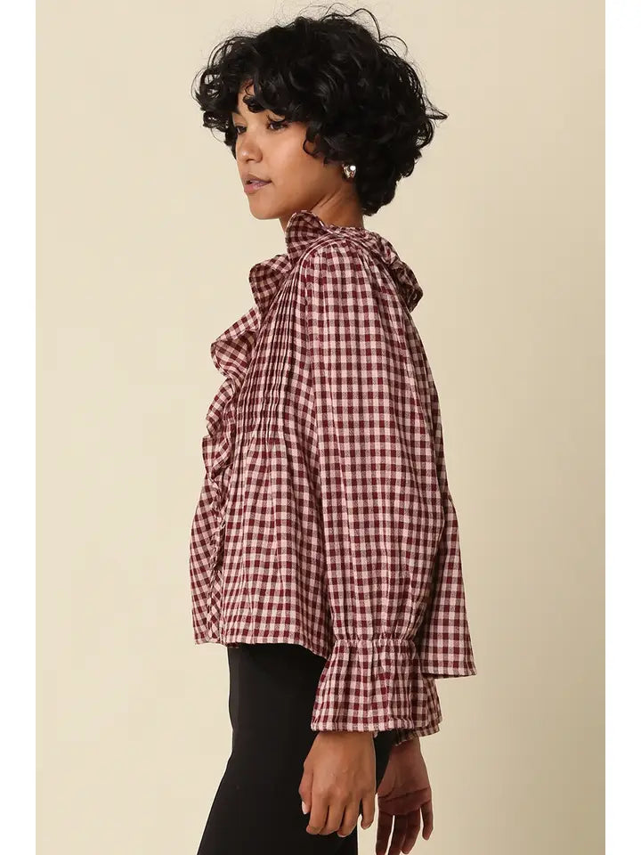 Hazel Gingham Ruffle Blouse (maroon)