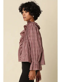 Hazel Gingham Ruffle Blouse (maroon)