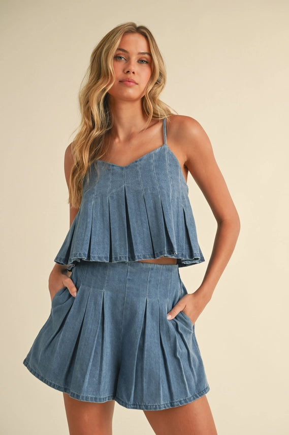 Pleated Denim Skort