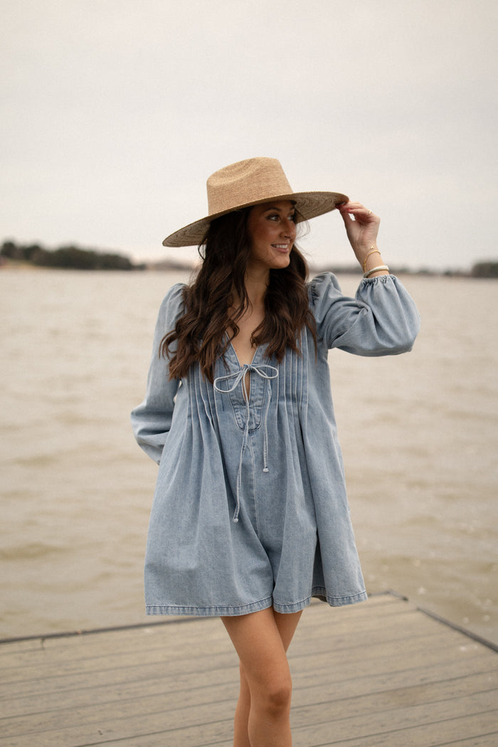 Denim Pleated Romper (lt denim)