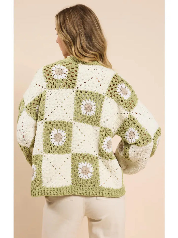 Sage Flower Crochet Cardigan