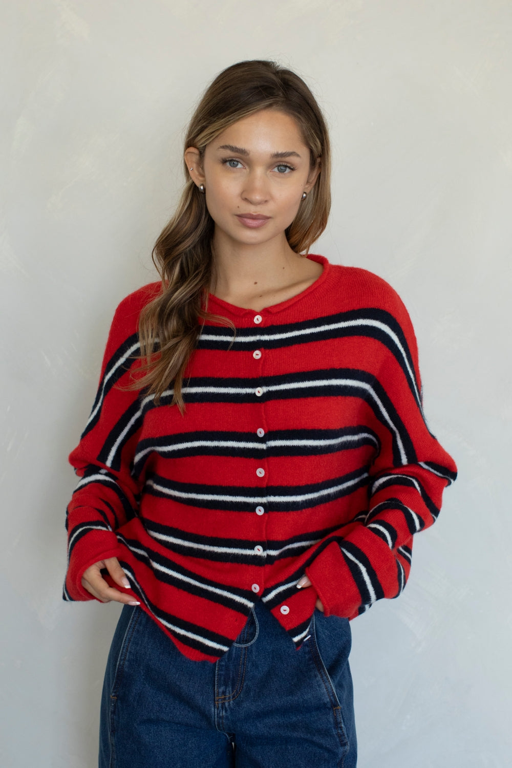 PREORDER The Piper Cardigan (red varsity stripe)