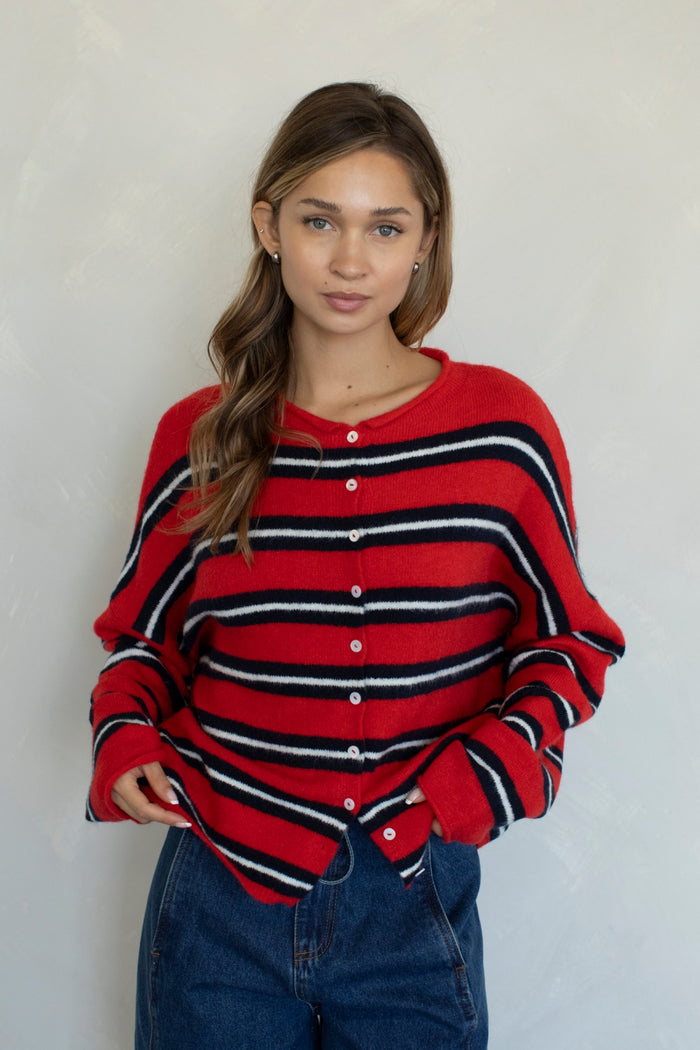 PREORDER The Piper Cardigan (red varsity stripe)