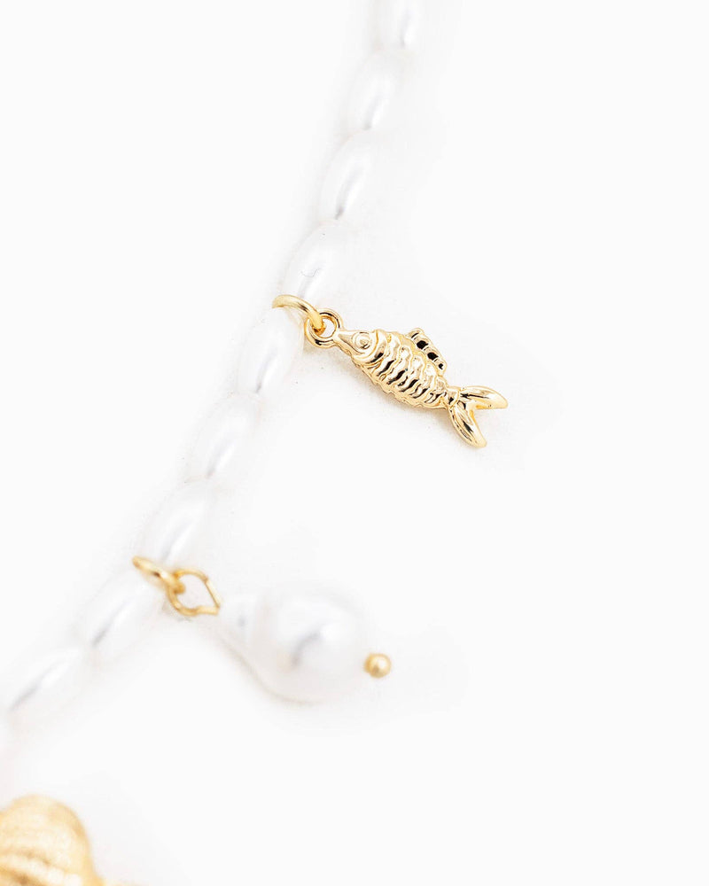 Gold Sea Life Charm Pearl Bead Necklace