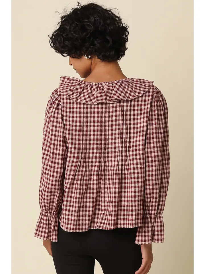Hazel Gingham Ruffle Blouse (maroon)