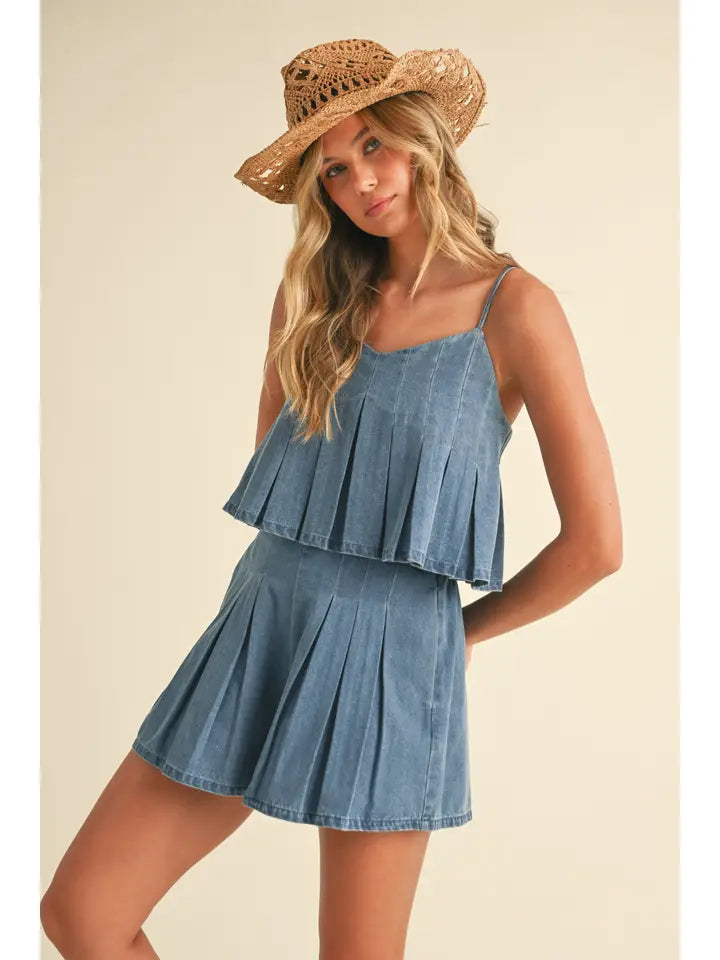 Pleated Denim Skort