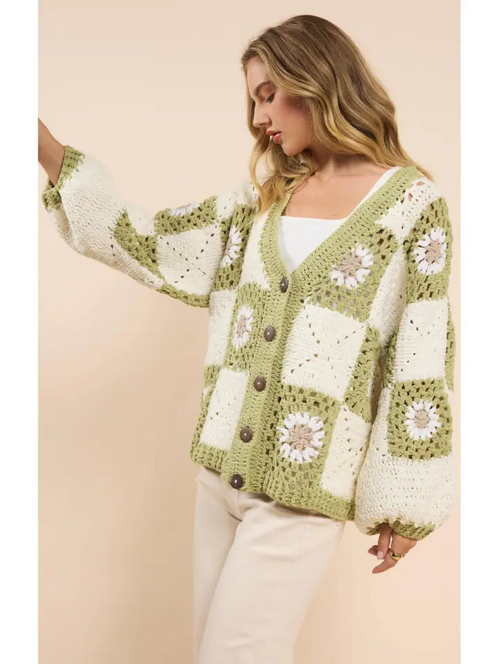 Sage Flower Crochet Cardigan