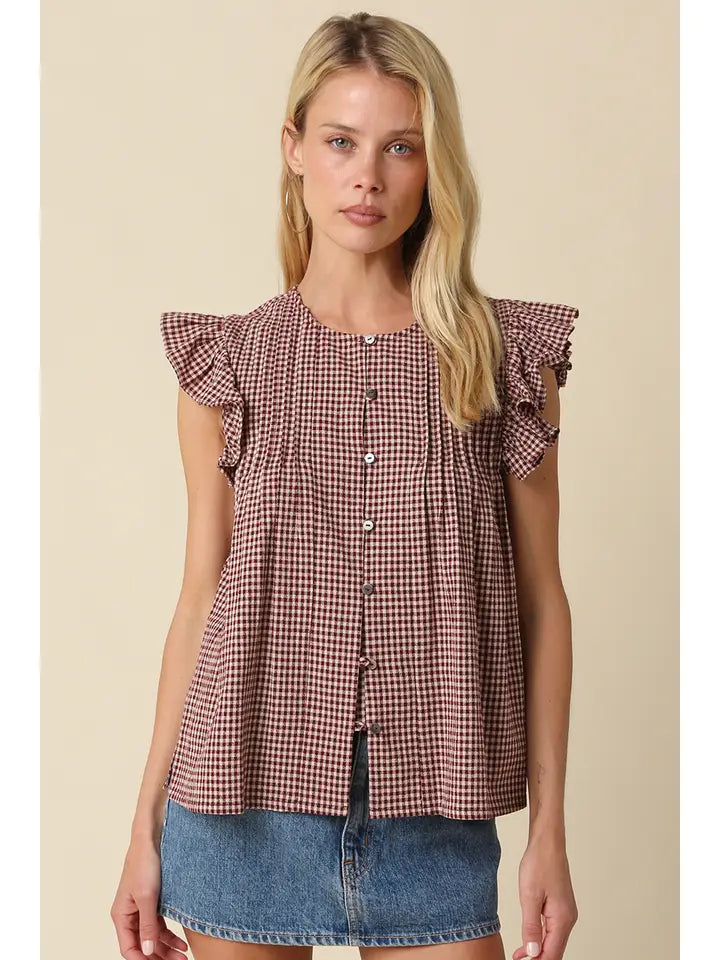 Clara Gingham Ruffle Blouse (maroon)
