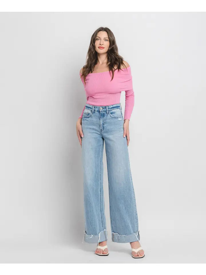 BEST SELLER High Rise Cuffed Baggy Wide Leg Jeans (medium)