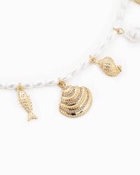 Gold Sea Life Charm Pearl Bead Necklace