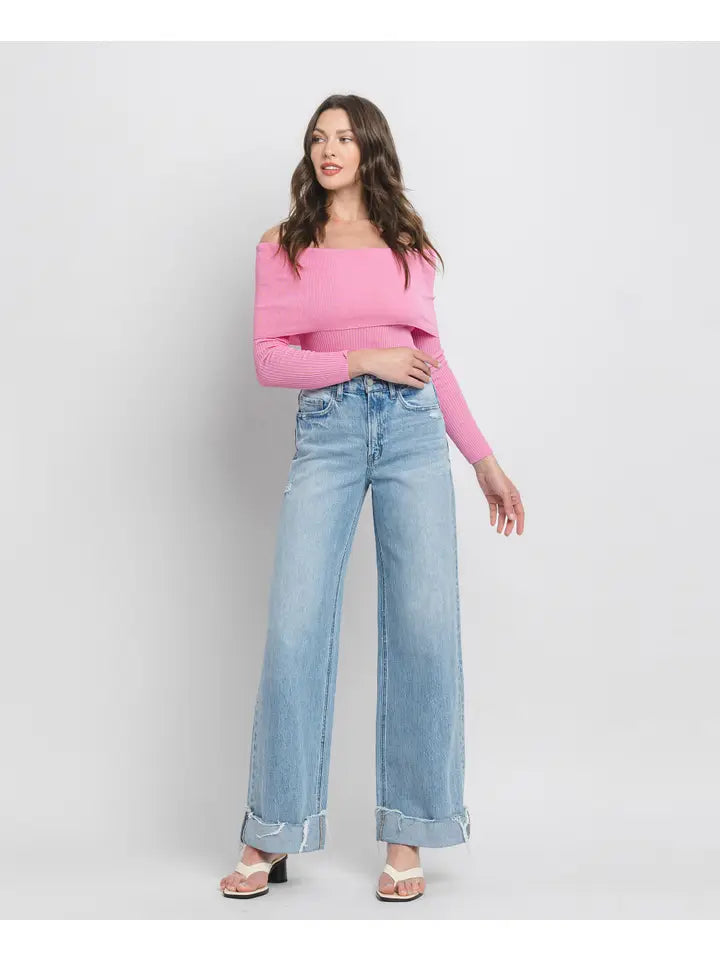 BEST SELLER High Rise Cuffed Baggy Wide Leg Jeans (medium)