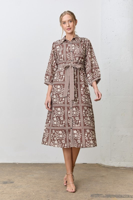 Adeleine Floral Shirt Dress (brown)