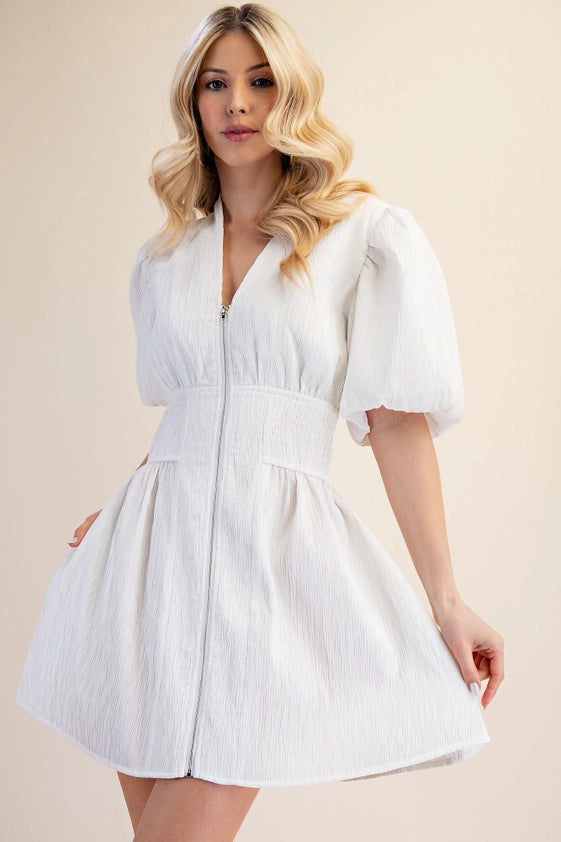 White Puff Sleeve Mini Dress