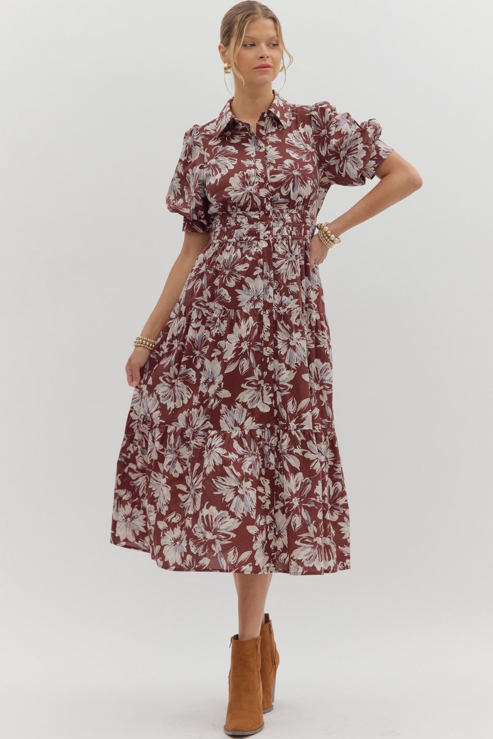 Burgundy Floral Puff Sleeve Midi Dress