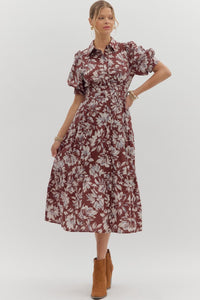 Burgundy Floral Puff Sleeve Midi Dress