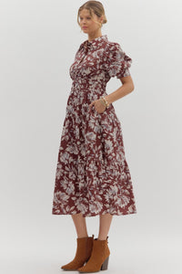 Burgundy Floral Puff Sleeve Midi Dress