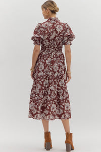Burgundy Floral Puff Sleeve Midi Dress