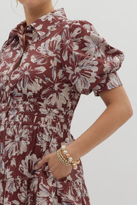 Burgundy Floral Puff Sleeve Midi Dress
