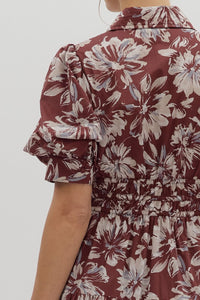 Burgundy Floral Puff Sleeve Midi Dress
