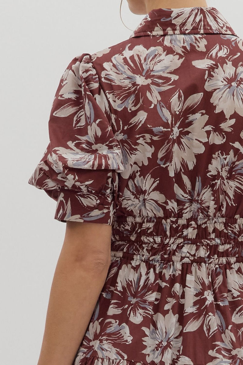 Burgundy Floral Puff Sleeve Midi Dress