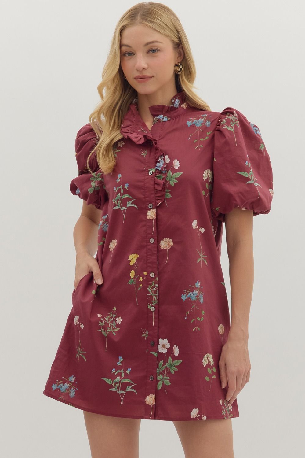 Burgundy Multi Floral Puff Sleeve Dress