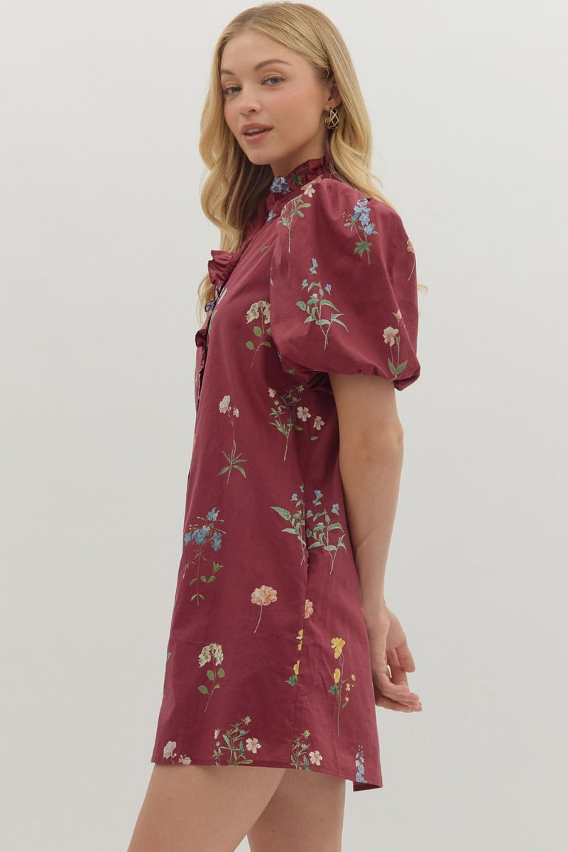 Burgundy Multi Floral Puff Sleeve Dress