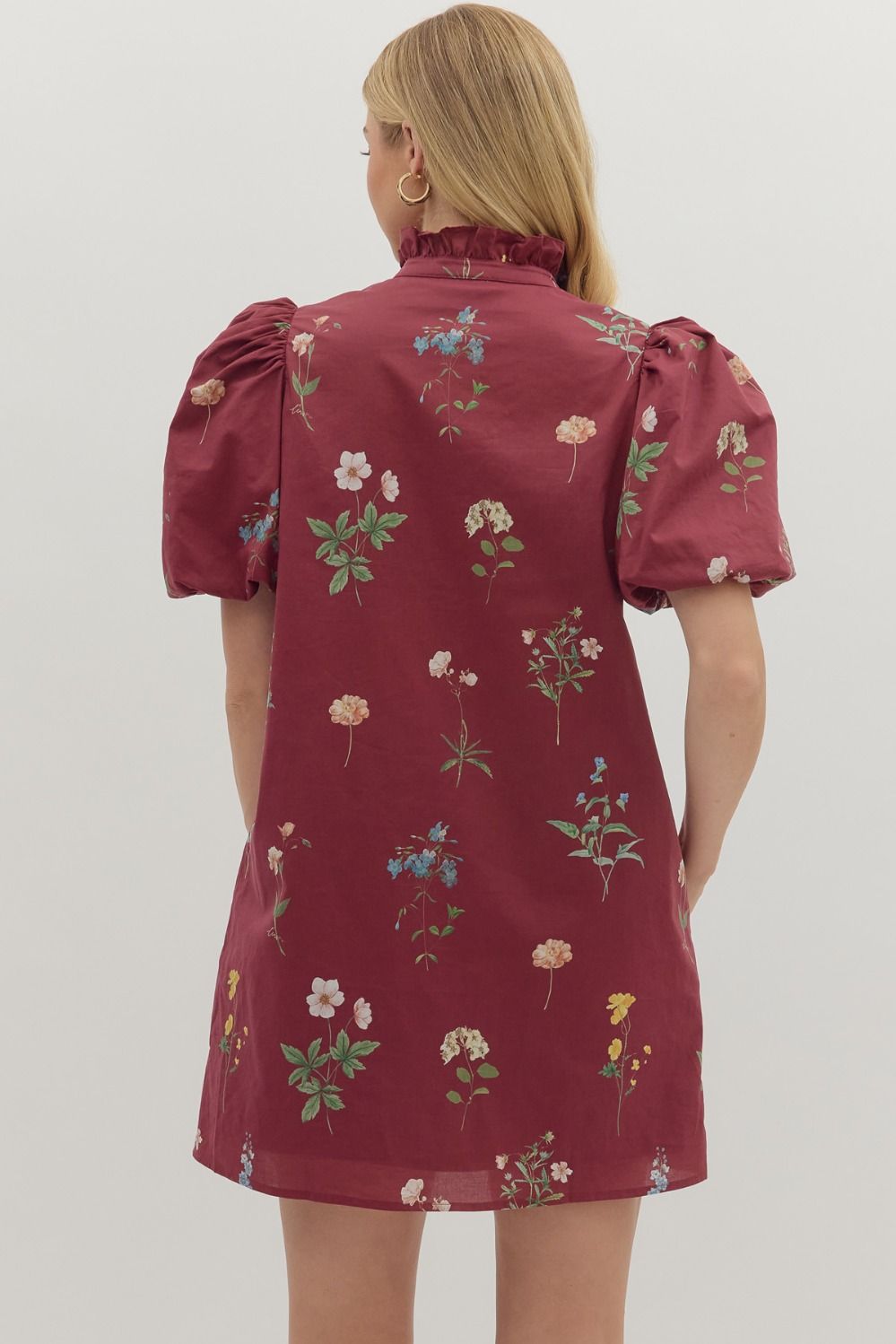 Burgundy Multi Floral Puff Sleeve Dress
