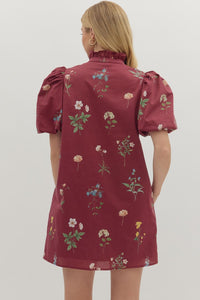 Burgundy Multi Floral Puff Sleeve Dress