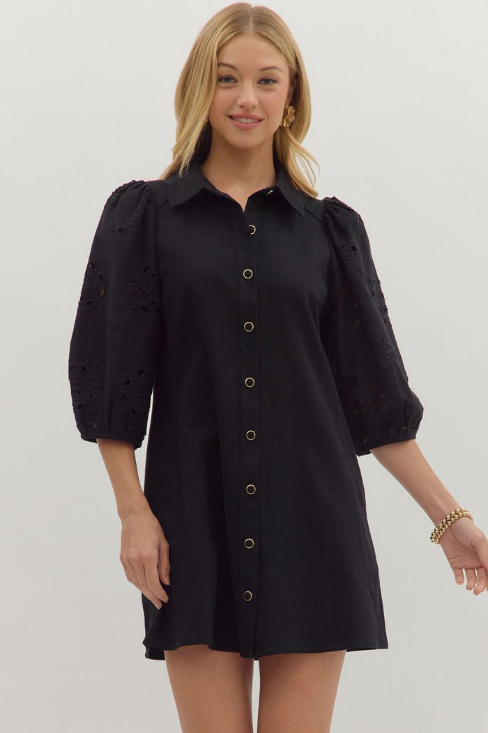 Black Eyelet 3/4 Sleeve Dress