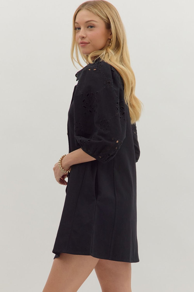 Black Eyelet 3/4 Sleeve Dress
