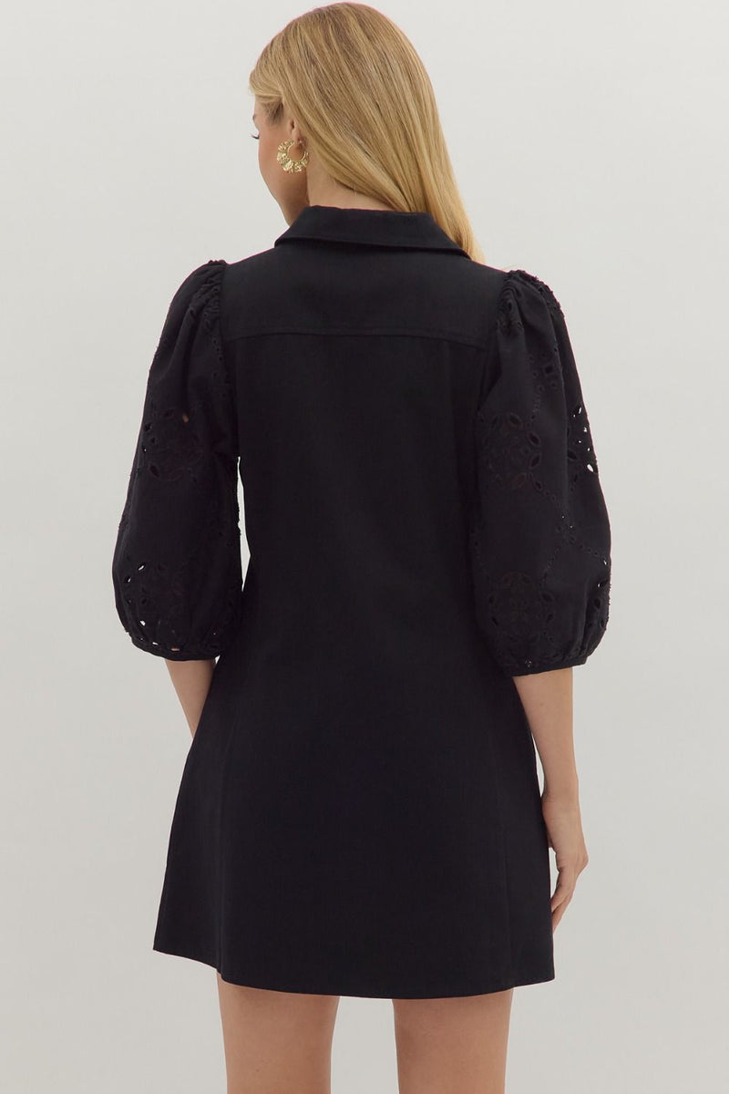 Black Eyelet 3/4 Sleeve Dress
