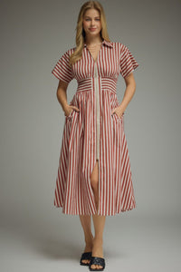 Smocked Striped Midi Dress (rust)