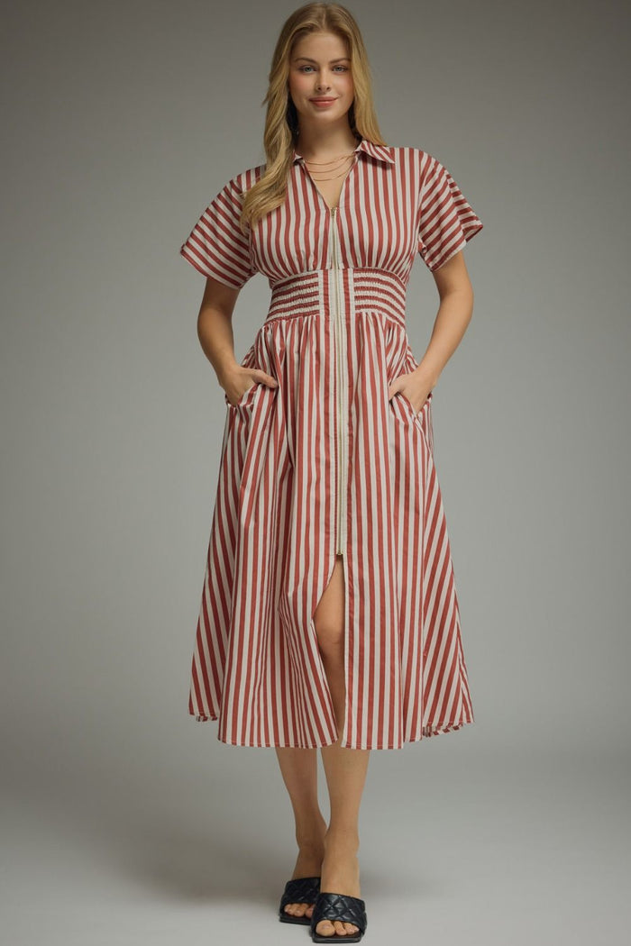 Smocked Striped Midi Dress (rust) - GEORGE-MARY'S